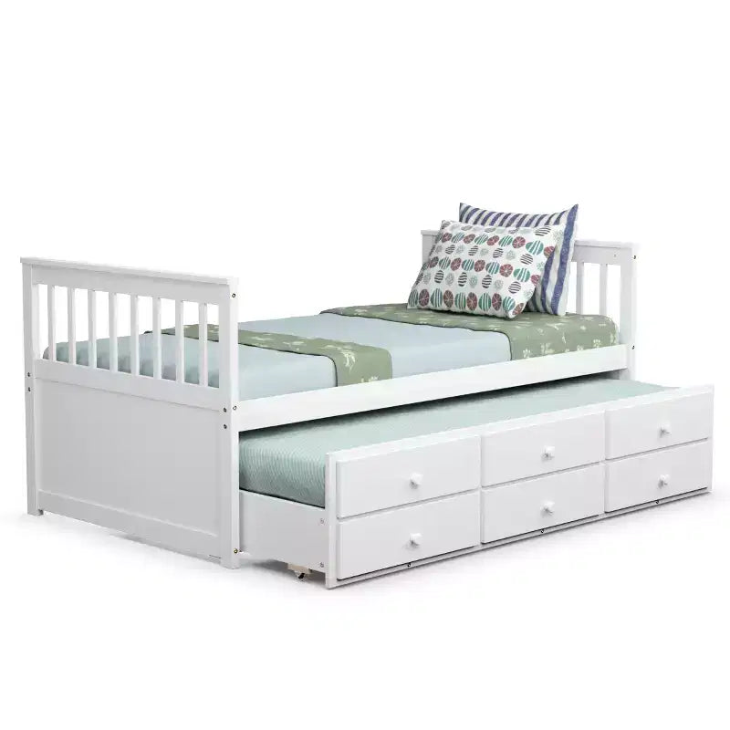 Twin Captain's Bed with Trundle and 3 Drawers for Kids - Solid Pine, Multiple Colors