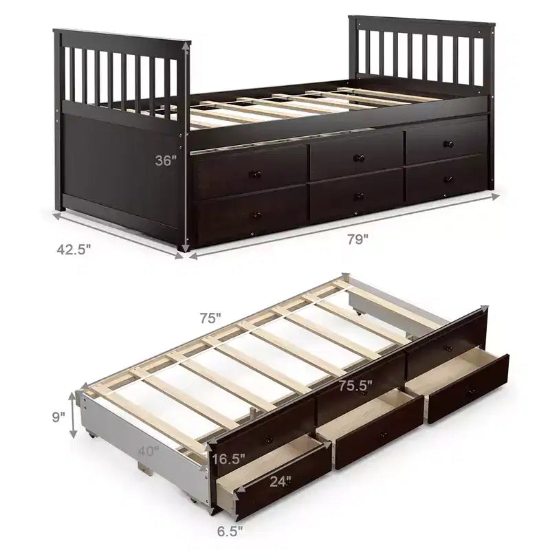Twin Captain's Bed with Trundle and 3 Drawers for Kids - Solid Pine, Multiple Colors