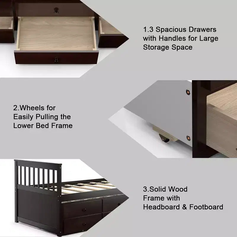 Twin Captain's Bed with Trundle and 3 Drawers for Kids - Solid Pine, Multiple Colors