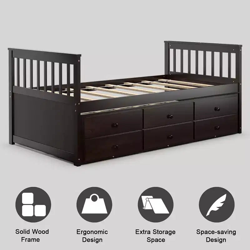 Twin Captain's Bed with Trundle and 3 Drawers for Kids - Solid Pine, Multiple Colors