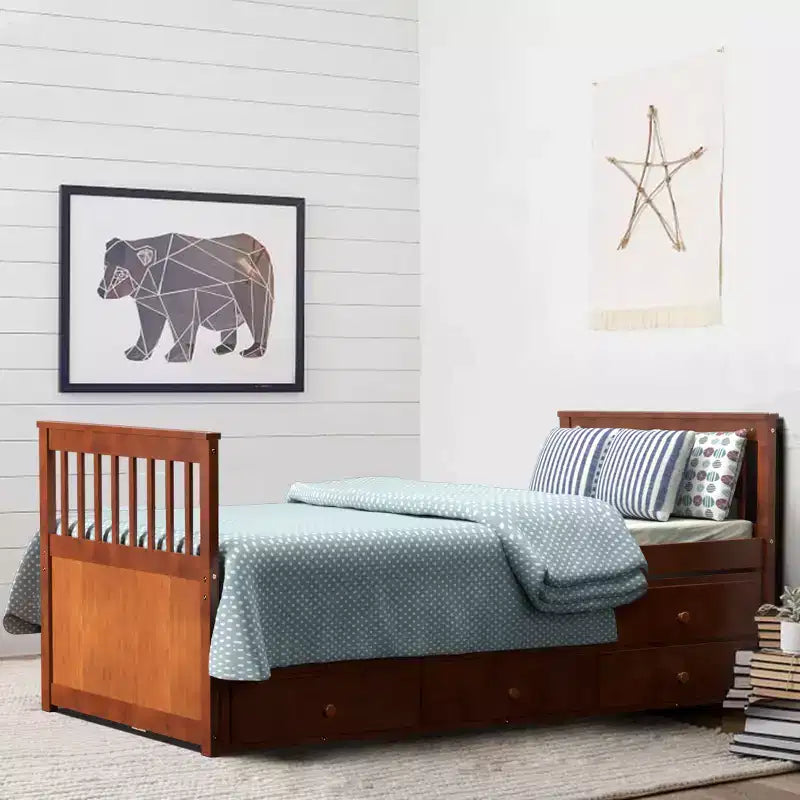 Twin Captain's Bed with Trundle and 3 Drawers for Kids - Solid Pine, Multiple Colors
