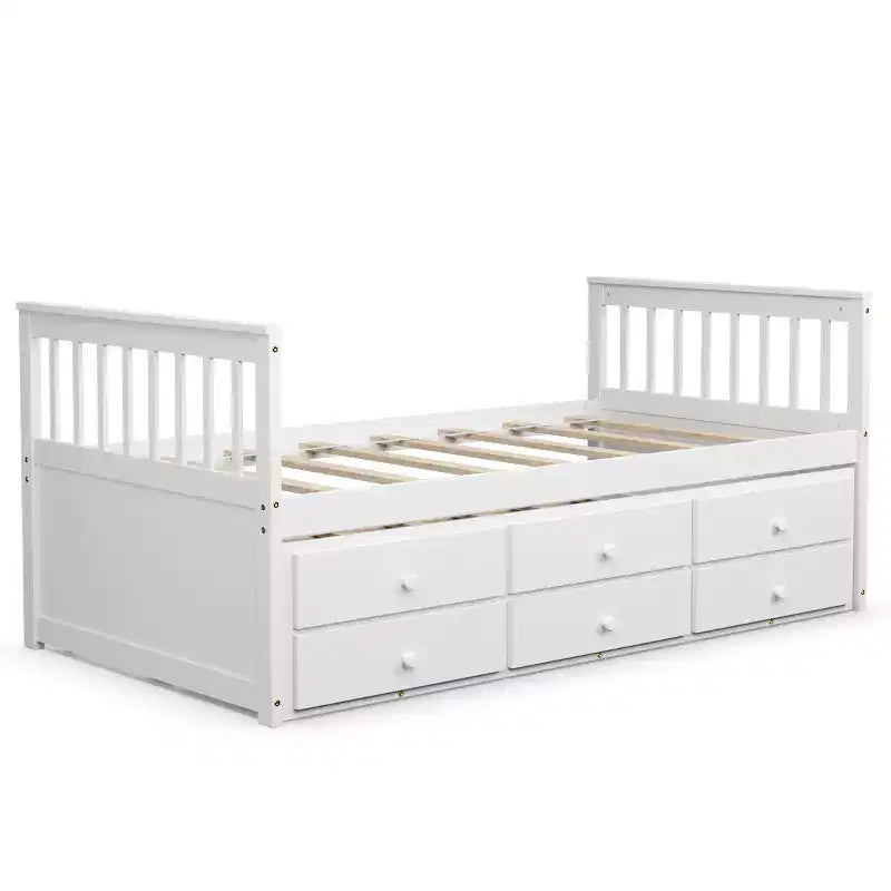 Twin Captain's Bed with Trundle and 3 Drawers for Kids - Solid Pine, Multiple Colors
