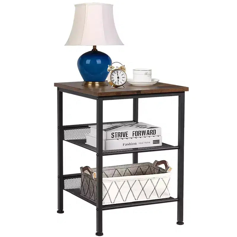 3-Tier Industrial End Side Table Nightstand with 2 Adjustable Shelves - Rustic Brown