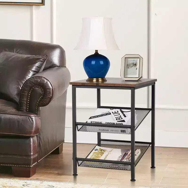 3-Tier Industrial End Side Table Nightstand with 2 Adjustable Shelves - Rustic Brown