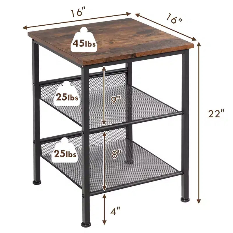 3-Tier Industrial End Side Table Nightstand with 2 Adjustable Shelves - Rustic Brown