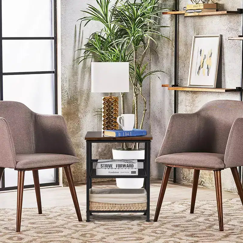 3-Tier Industrial End Side Table Nightstand with 2 Adjustable Shelves - Rustic Brown
