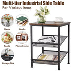 3-Tier Industrial End Side Table Nightstand with 2 Adjustable Shelves - Rustic Brown