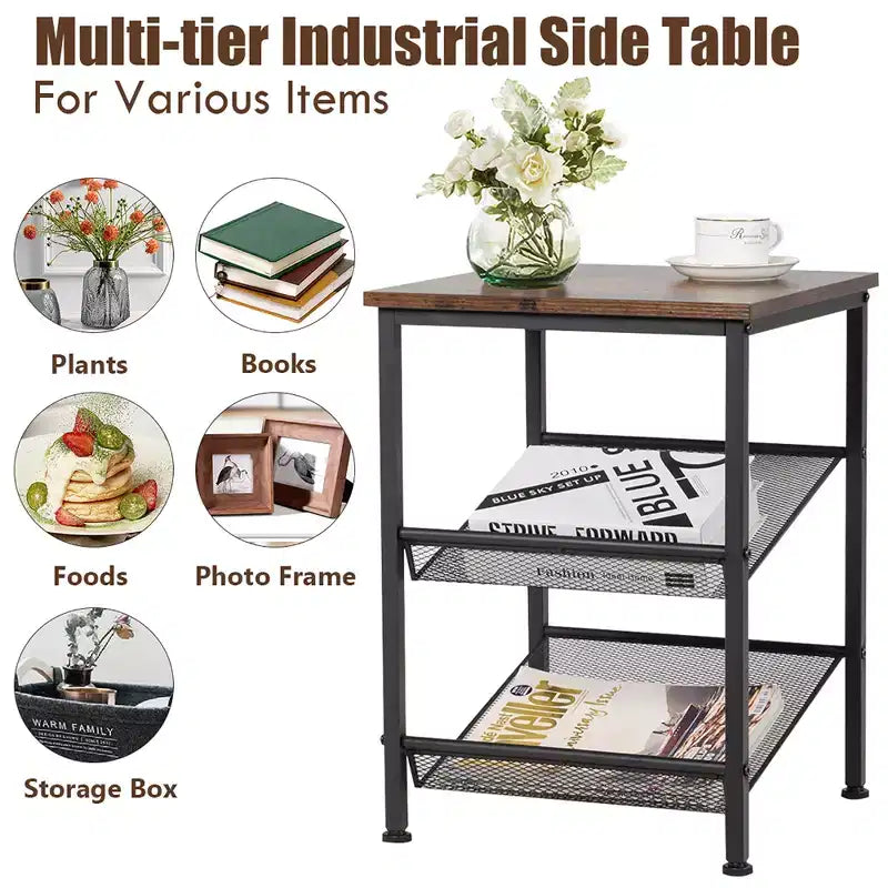 3-Tier Industrial End Side Table Nightstand with 2 Adjustable Shelves - Rustic Brown