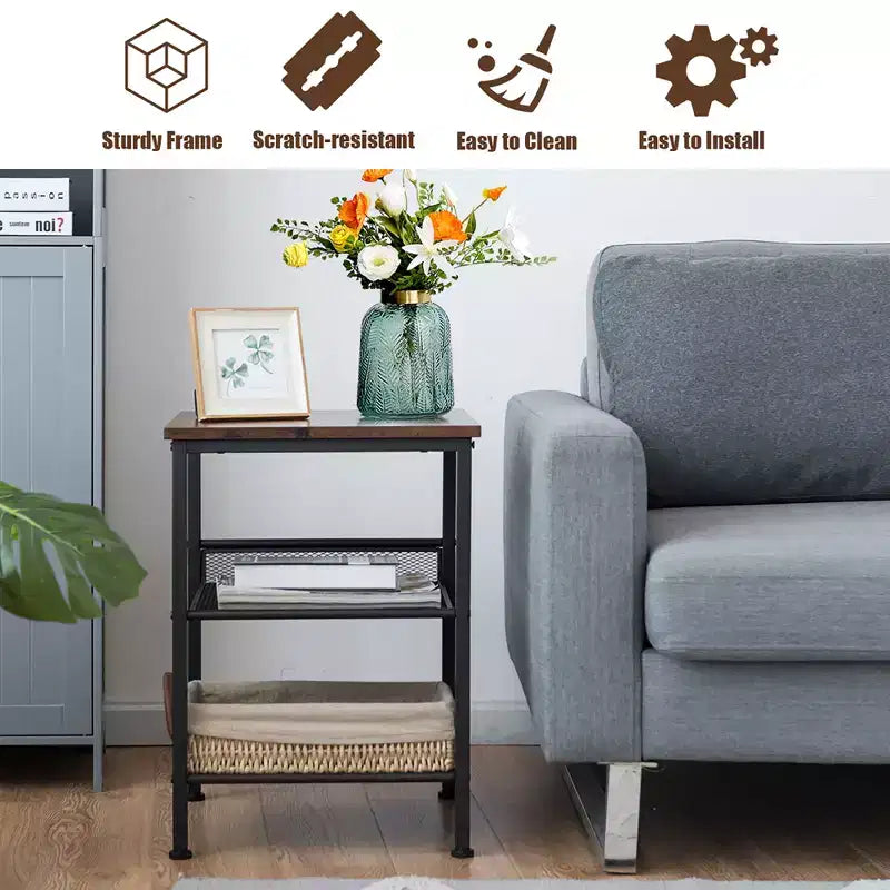 3-Tier Industrial End Side Table Nightstand with 2 Adjustable Shelves - Rustic Brown