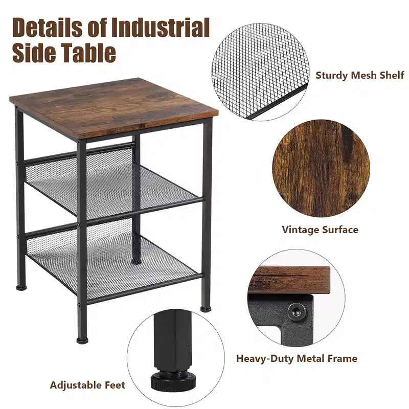 3-Tier Industrial End Side Table Nightstand with 2 Adjustable Shelves - Rustic Brown