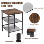 3-Tier Industrial End Side Table Nightstand with 2 Adjustable Shelves - Rustic Brown