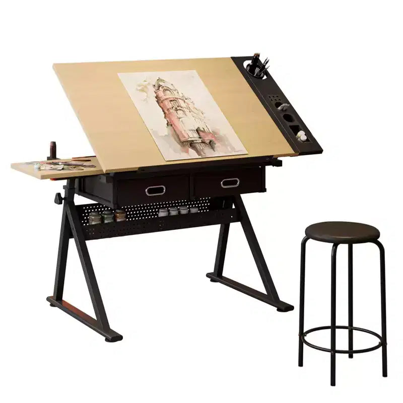 Table à dessin réglable en hauteur, table à dessin inclinable de 0 à 75° pour adultes, bureau d'artiste avec 2 tiroirs de rangement, avec tabouret
