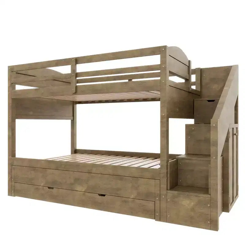 Lit superposé Whisen Twin XL avec lit gigogne, lit superposé avec rangement, lit superposé en bois massif, escalier de rangement, armoire, 3 tiroirs, pour enfants