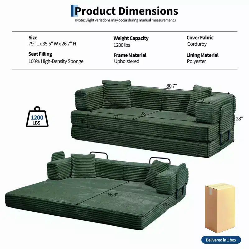 Canapé-Lit Convertible 5-en-1 de 80,7 po – Velours Côtelé, 1200 lb, Aucun Assemblage Requis
