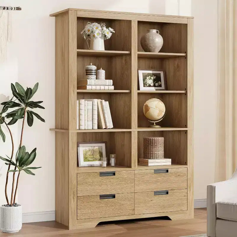 Bibliothèque haute de 72 po avec 4 tiroirs, étagère de rangement autoportante de style campagnard pour chambre à coucher, salon, bureau à domicile