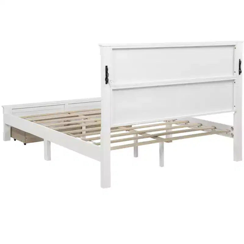 ModernLuxe Lit plateforme Queen/King Size avec tête de lit haute, cadre de lit rustique en bois avec 2 tiroirs, lumières LED et ports USB