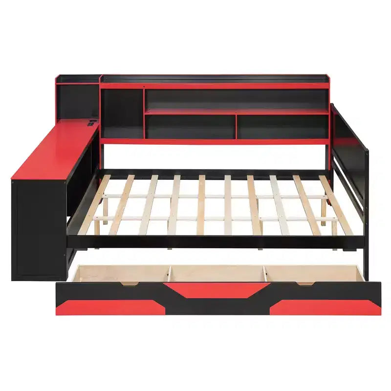 Lit de repos de jeu double/grand avec tête de lit bibliothèque, lumières LED, bureau intégré, tiroirs et station de charge