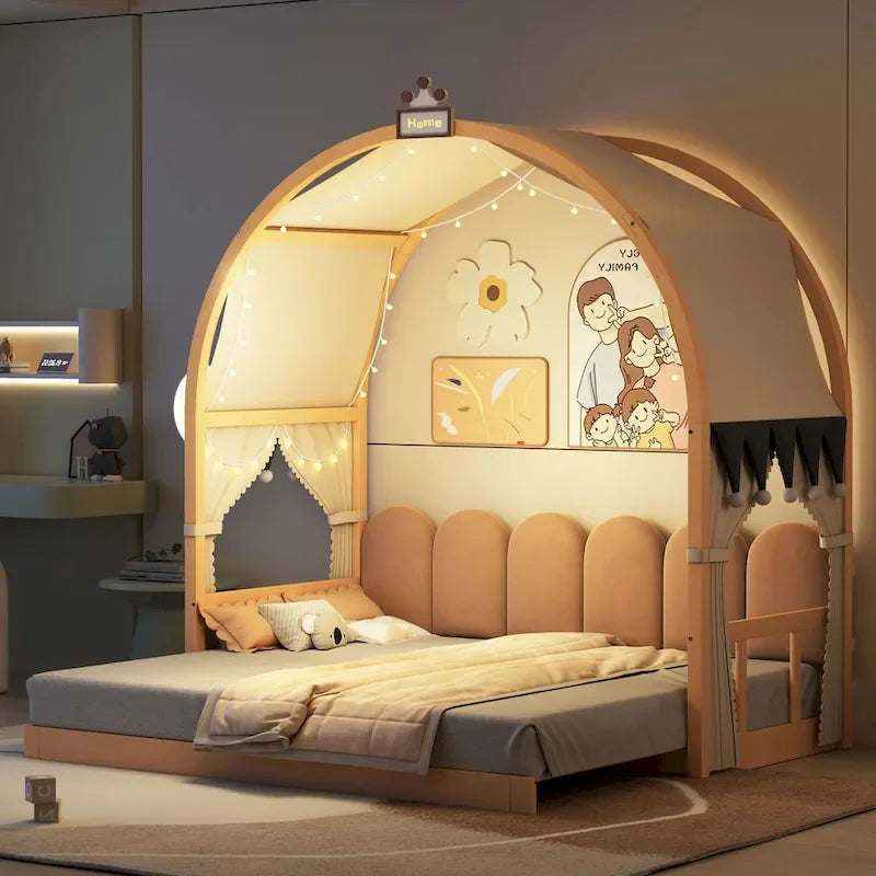 Lit cabane Montessori en bois massif avec plateforme, toit voûté et lit gigogne pour filles et garçons