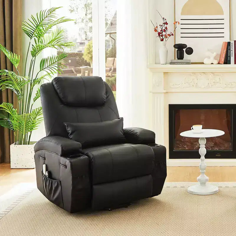 Fauteuil inclinable électrique Bestier de 88 cm avec fonction de levage, massage et chauffage, en similicuir, avec poches latérales et porte-gobelets