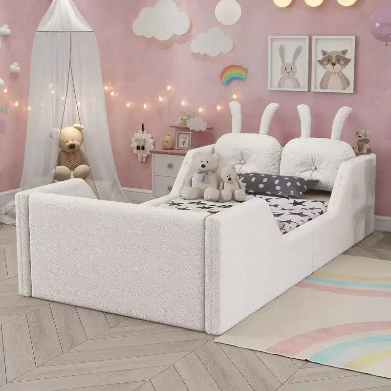 Lit plateforme double Whisen, cadre de lit rembourré pour enfants avec coussin lapin, barrières latérales amovibles