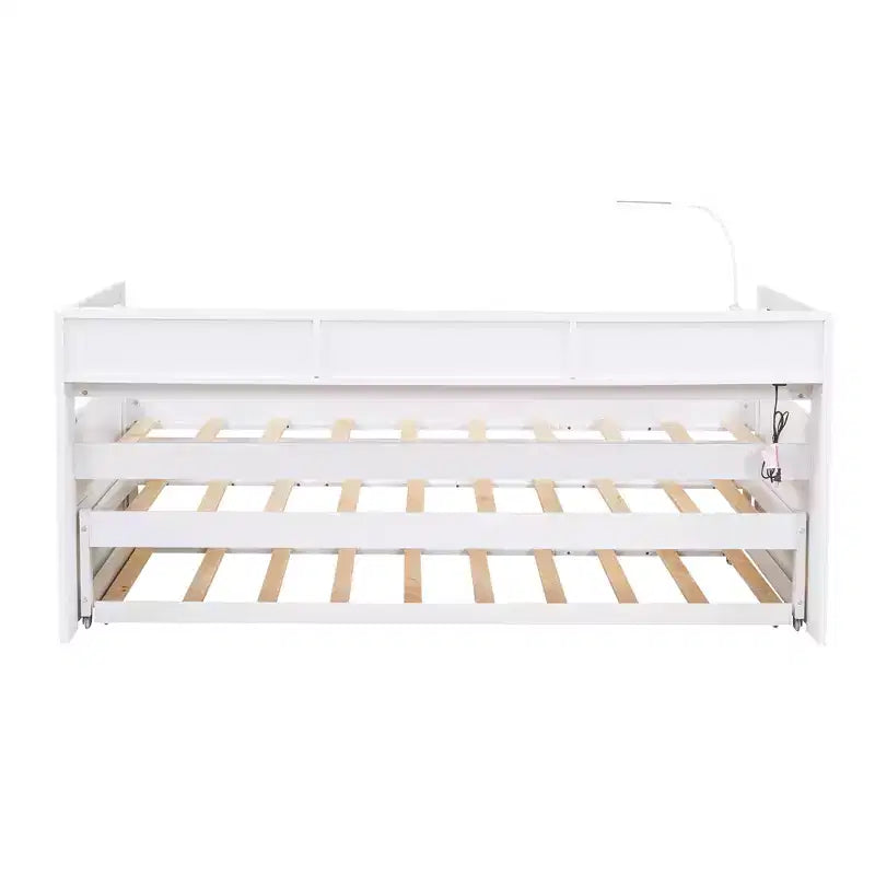 Lit de repos double XL Whisen en bois avec 2 lits gigognes, 3 compartiments de rangement, 1 lampe gratuite et port de chargement USB