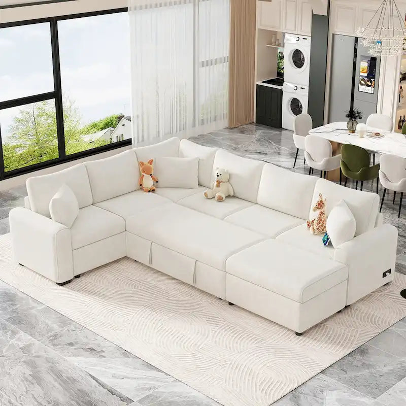Canapé d'angle en chenille convertible, canapé-lit en forme de L avec pouf de rangement, 3 oreillers et dispositifs de charge