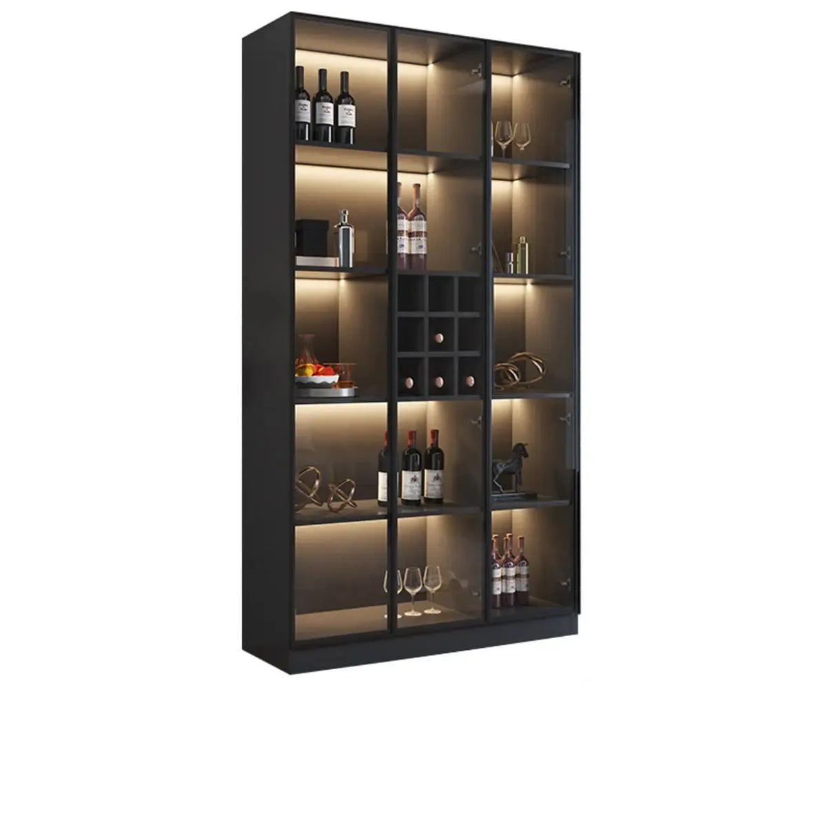 Meuble de rangement à vin minimaliste en bois noir avec porte vitrée