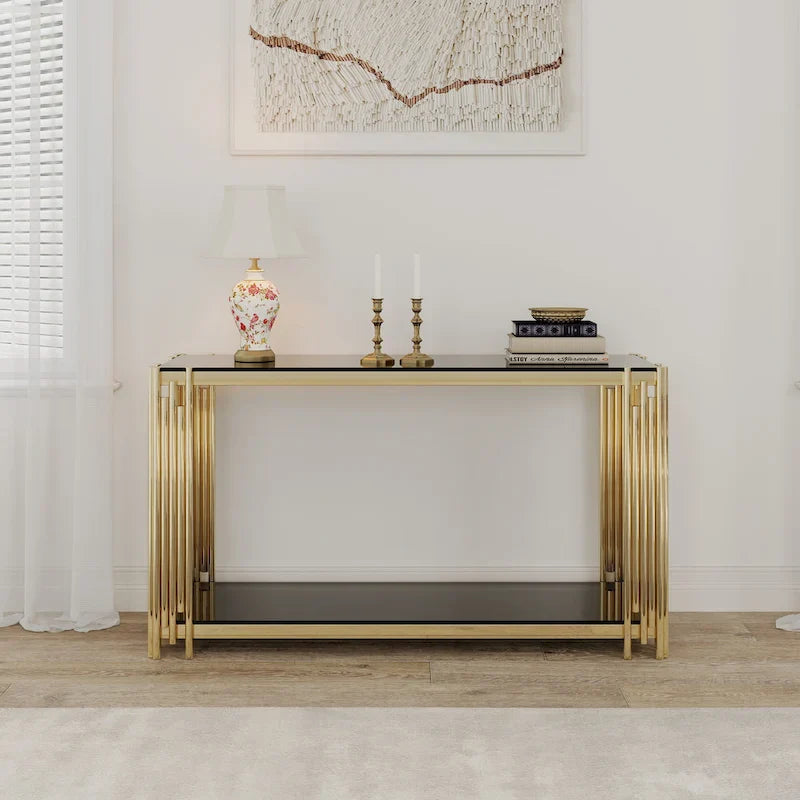 Console étroite à 2 niveaux avec structure en métal doré et plateau en verre trempé