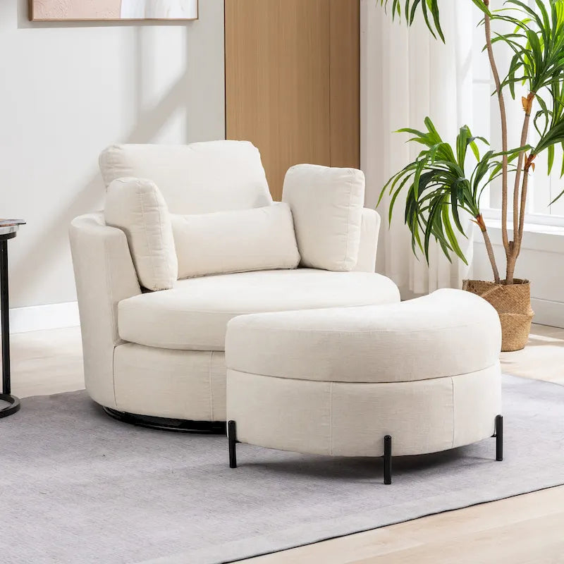 Fauteuil d'appoint pivotant rembourré 42,3 W avec 4 oreillers et pouf de rangement demi-lune