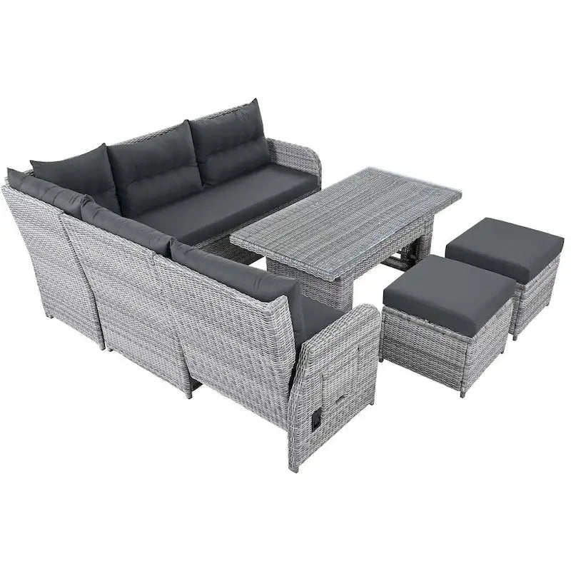 Ensemble de meubles de jardin en rotin avec table réglable, chaises longues et 2 poufs