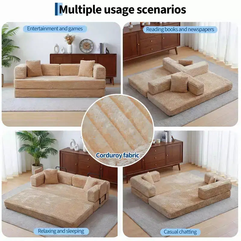 Canapé-Lit Convertible 5-en-1 de 80,7 po – Velours Côtelé, 1200 lb, Aucun Assemblage Requis