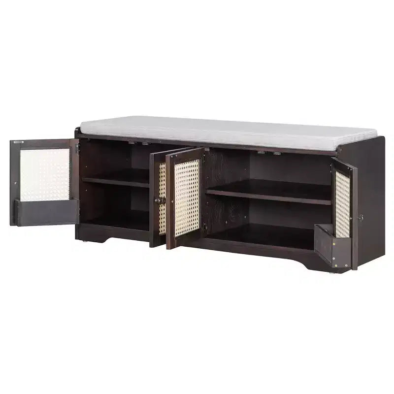 Banc de rangement rustique en bois Whisen, banc à chaussures d'entrée avec coussin amovible, étagères réglables