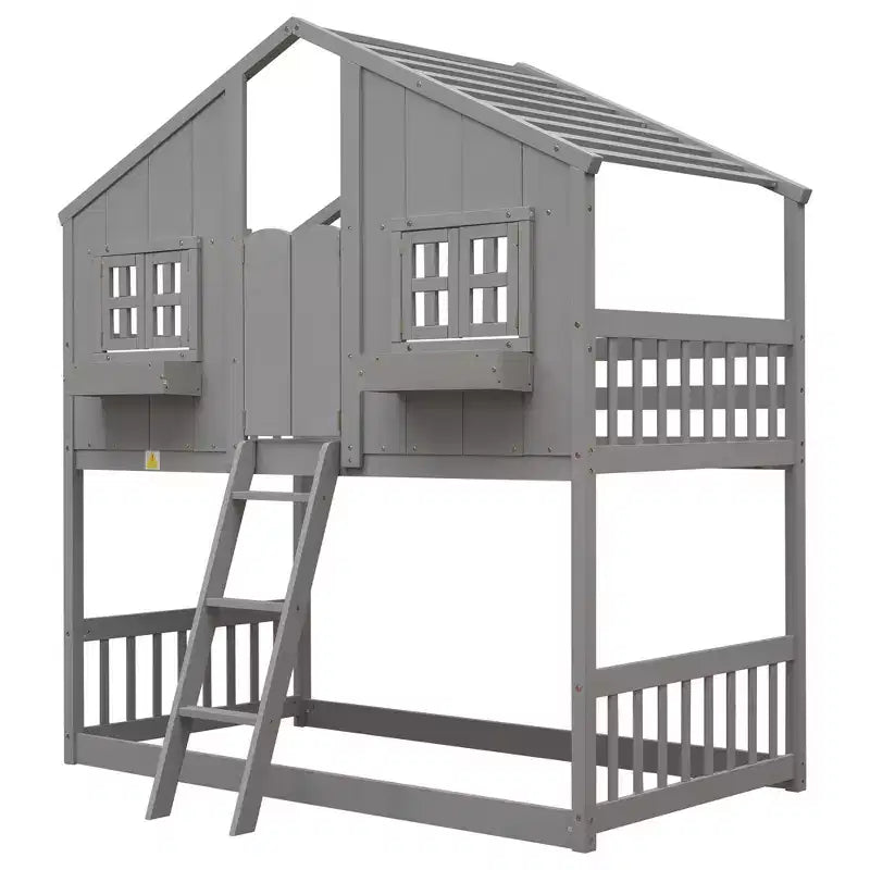 Lit mezzanine cabane de taille double, lit mezzanine cabane en bois avec échelle et barrières de sécurité pour enfants