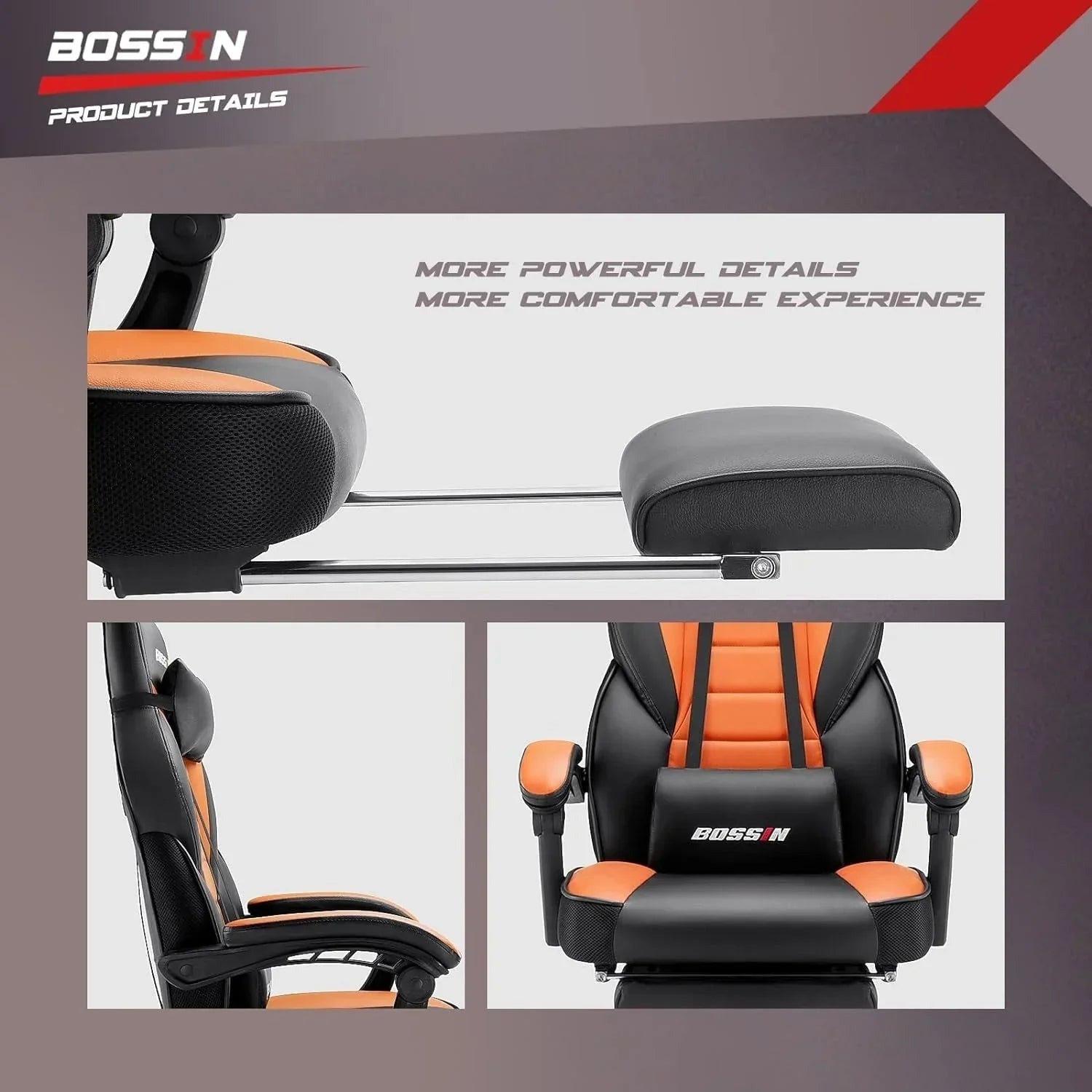 Chaise de jeu style course BOSSIN, fauteuil gamer grande taille 300 lb, chaise d'ordinateur à dossier haut