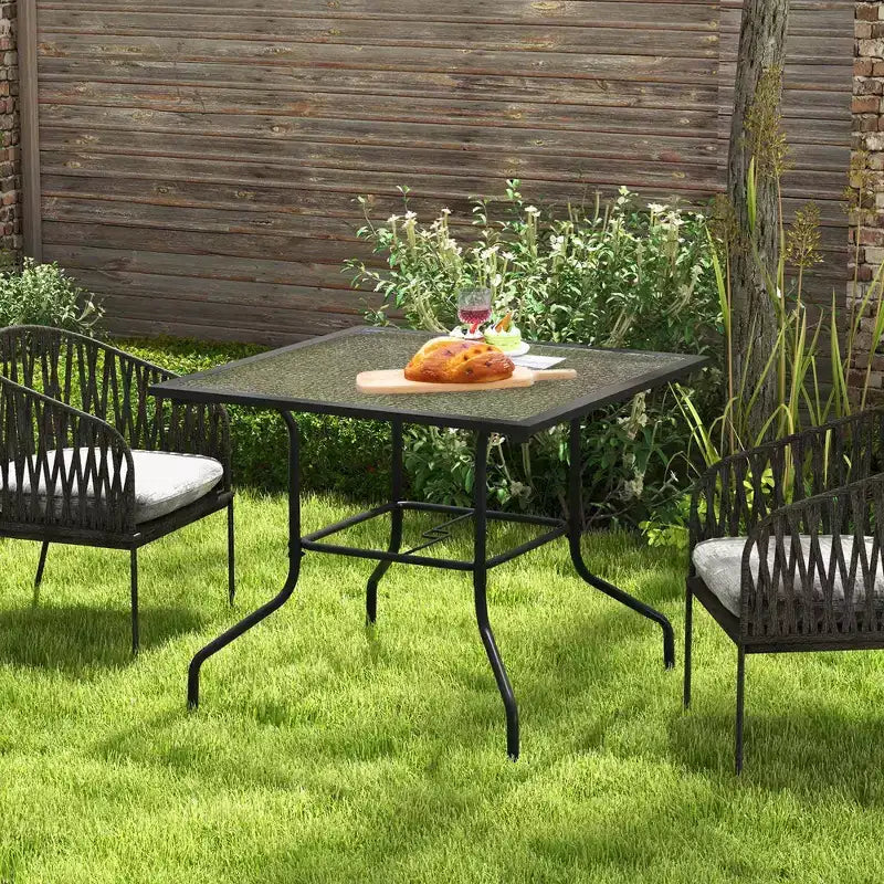 Costway Table de Bistro 35'' pour Patio avec Plateau en Verre Trempé et Trou de Parasol 1.5''