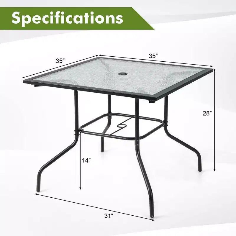 Costway Table de Bistro 35'' pour Patio avec Plateau en Verre Trempé et Trou de Parasol 1.5''