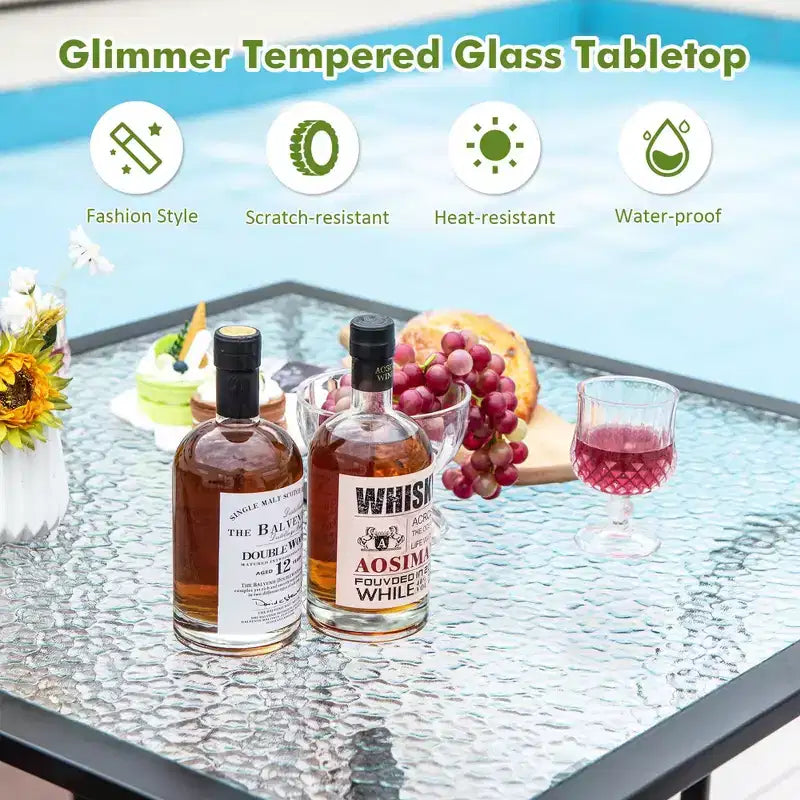 Costway Table de Bistro 35'' pour Patio avec Plateau en Verre Trempé et Trou de Parasol 1.5''
