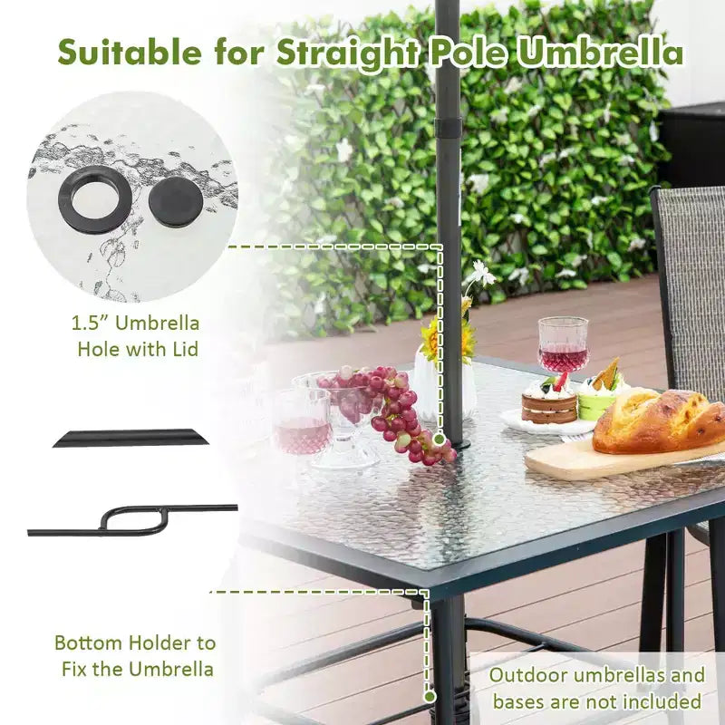 Costway Table de Bistro 35'' pour Patio avec Plateau en Verre Trempé et Trou de Parasol 1.5''