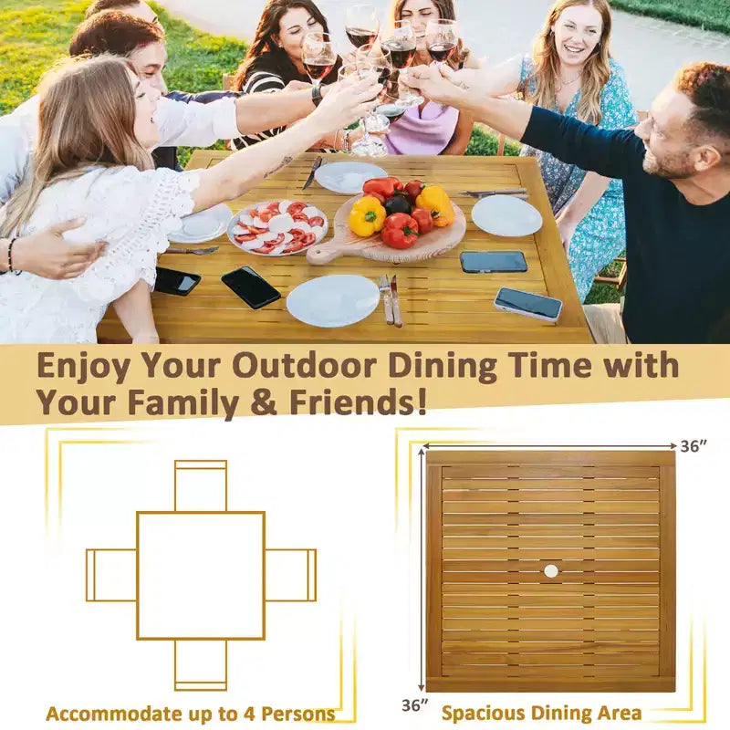 Costway Table de repas de patio carrée en bois d'acacia bistrot extérieur avec trou pour parasol de 1,9'' pour jardin