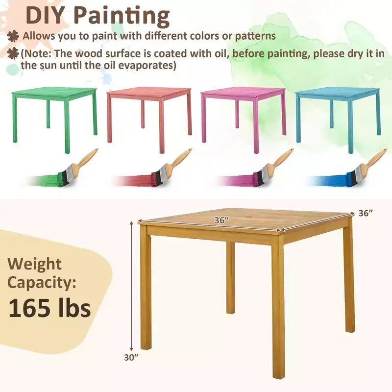 Costway Table de repas de patio carrée en bois d'acacia bistrot extérieur avec trou pour parasol de 1,9'' pour jardin