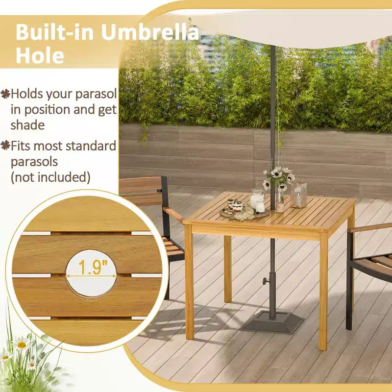 Costway Table de repas de patio carrée en bois d'acacia bistrot extérieur avec trou pour parasol de 1,9'' pour jardin