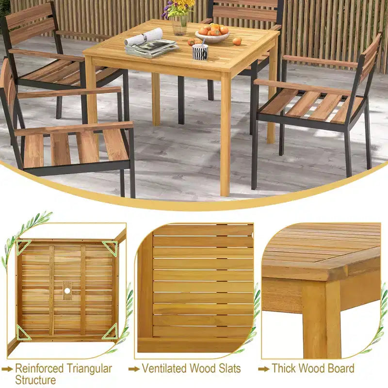 Costway Table de repas de patio carrée en bois d'acacia bistrot extérieur avec trou pour parasol de 1,9'' pour jardin
