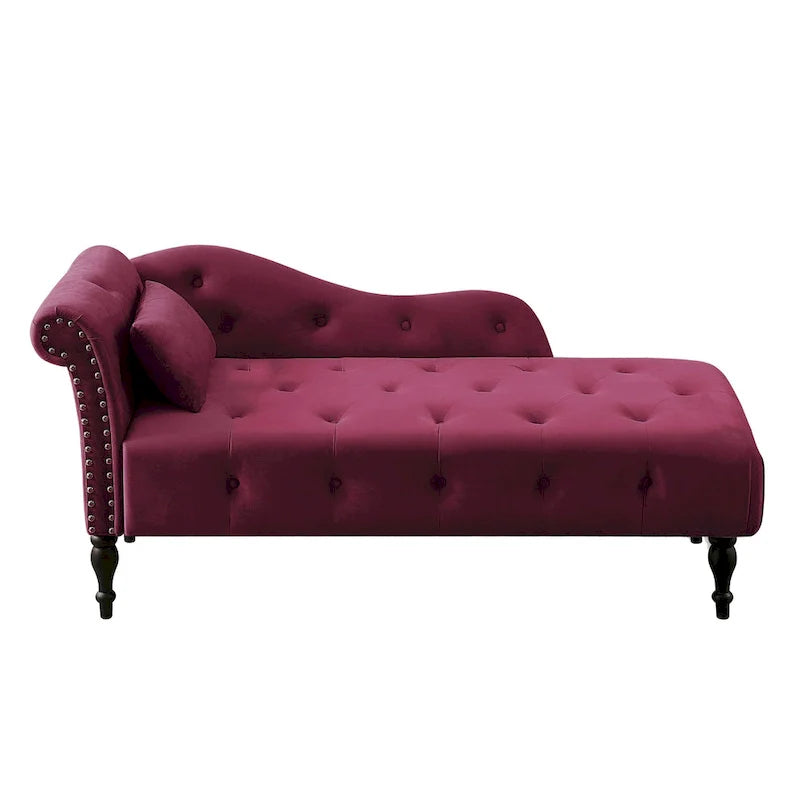 Chaise longue moderne de 154 cm avec revêtement en velours, boutons capitonnés, pieds en bois massif et clous de tapissier
