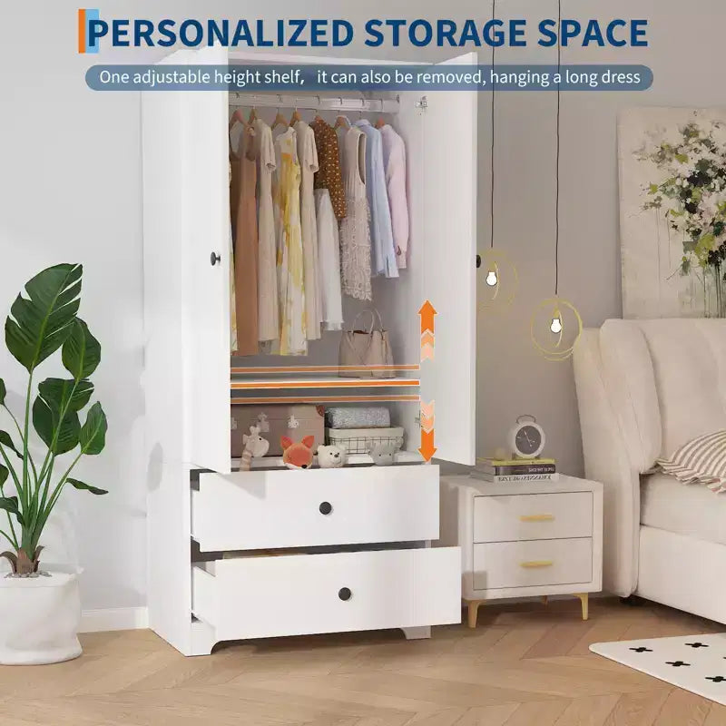 Armoire de chambre moderne en bois de 180 cm avec 2 portes, 2 tiroirs, étagères réglables, armoire de rangement pour vêtements et tringle à vêtements