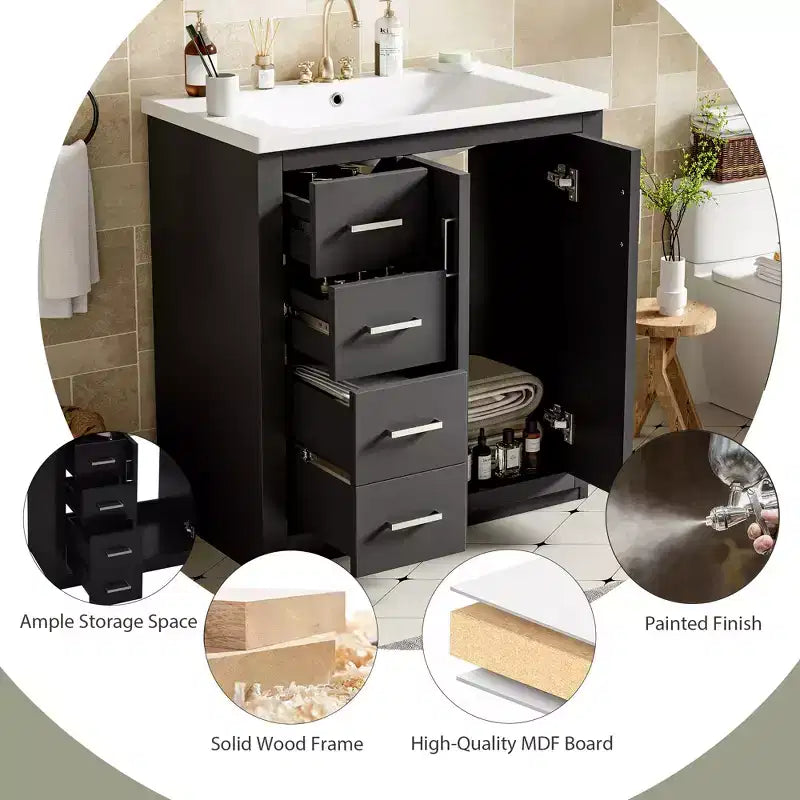 Meuble-lavabo simple de 30 po avec armoire et 3 tiroirs – Noir / Bleu / Vert / Indigo / Blanc