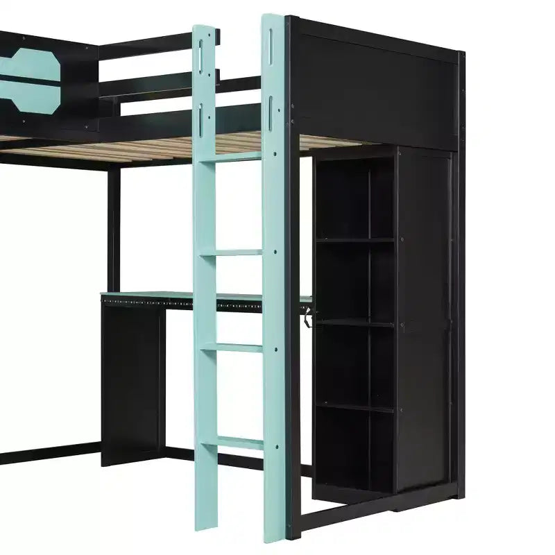 Lit mezzanine de jeu en L avec bureaux, lits superposés doubles avec lumières LED, ports USB, étagères de rangement, lit mezzanine d'angle en bois pour 2 personnes