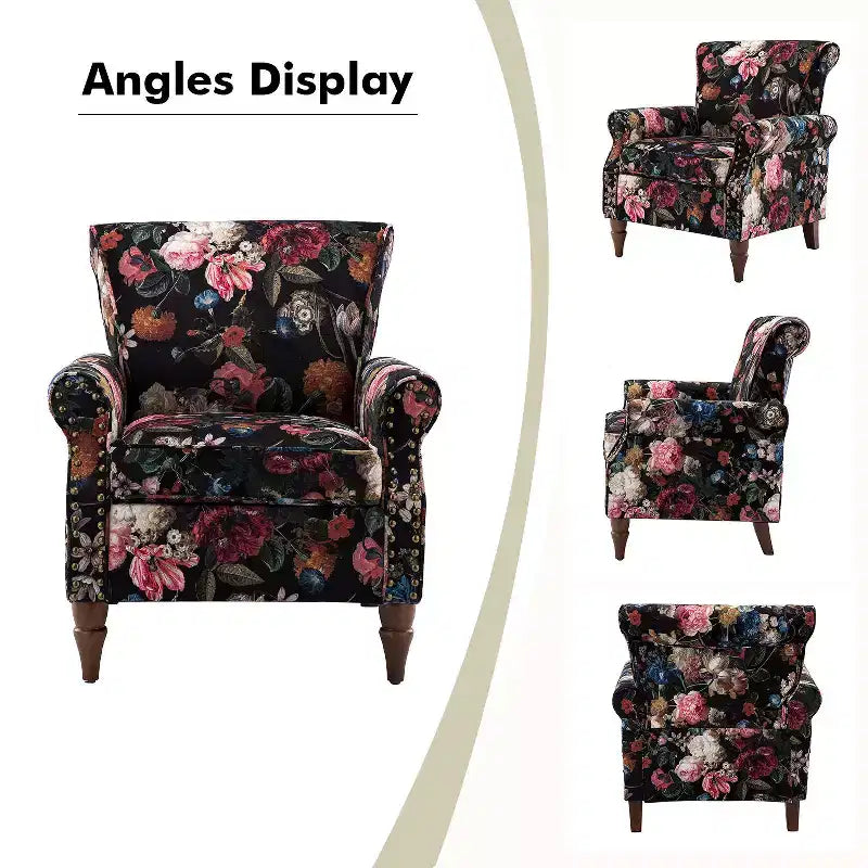 Fauteuil en bois traditionnel Araceli, rembourré à motifs floraux, avec dossier à oreilles et garniture cloutée | ART OF LIVING DESIGNS