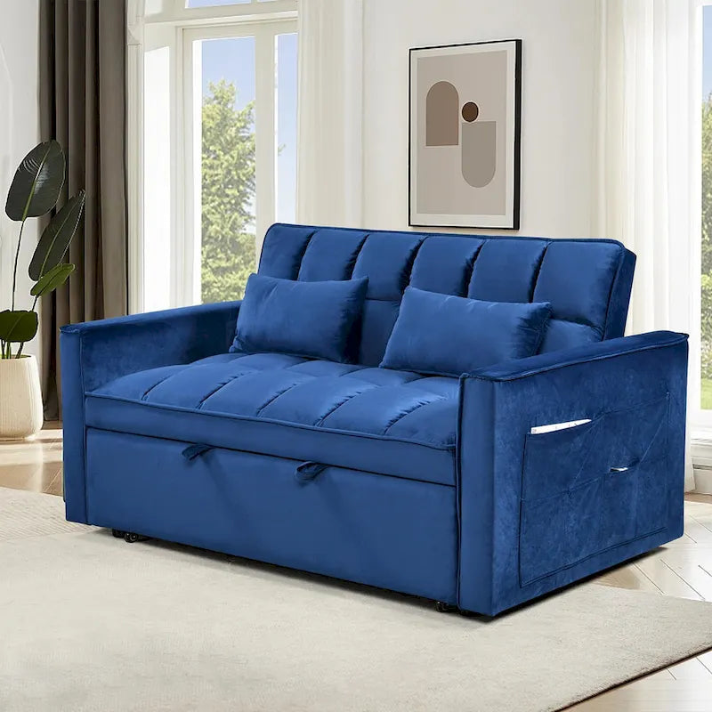 Causeuse futon moderne en velours avec dossier inclinable et poches, 2 places ??Gris foncé / Gris clair / Bleu / Noir