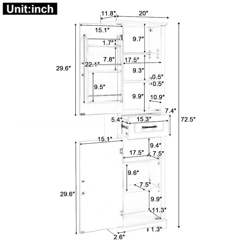 Meuble de salle de bain autoportant avec 2 portes, étagères réglables et rangement de porte, organiseur de salle de bain haut