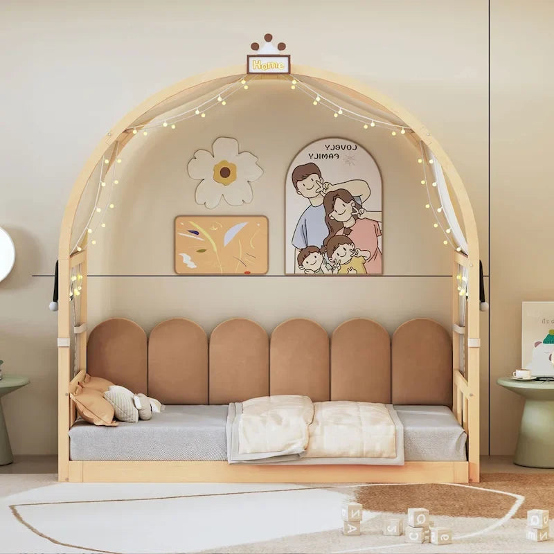 Lit cabane Montessori en bois massif avec plateforme, toit voûté et lit gigogne pour filles et garçons